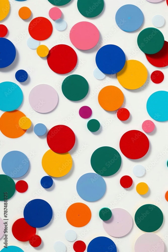A white background with colorful circles of different sizes and colors, arranged in an artistic pattern The circles should be vibrant shades like reds, blues, greens, yellows, or purples They can have