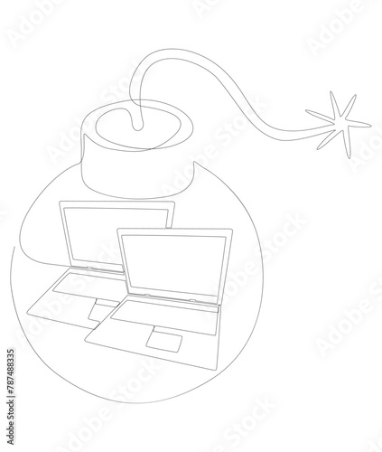 One continuous line of Laptop with Bomb. Thin Line Illustration vector concept. Contour Drawing Creative ideas.