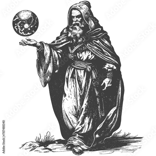 elf mage or necromancer with magical orb images using Old engraving style