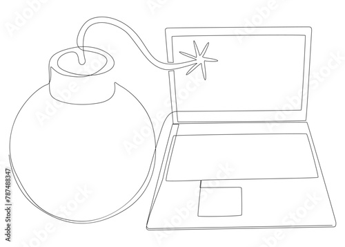 One continuous line of Laptop with Bomb. Thin Line Illustration vector concept. Contour Drawing Creative ideas.