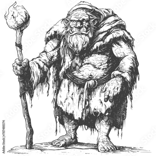 ogre mage or necromancer with magical staff images using Old engraving style