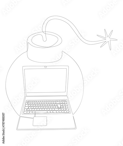 One continuous line of Laptop with Bomb. Thin Line Illustration vector concept. Contour Drawing Creative ideas.