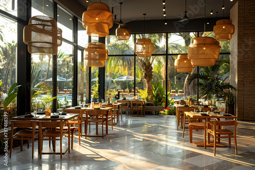 Vibrant Restaurant Interior with Travel-Inspired Decor, Showcasing Culinary Delights and Global Art