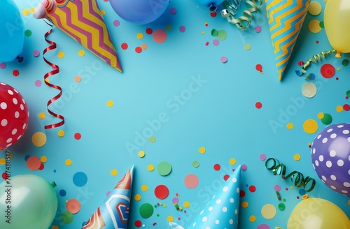 Bright Balloons and Confetti on Blue Background