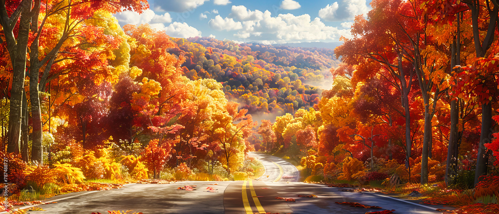 Winding Autumn Road Through Vibrant Forest, Scenic Drive with Colorful Foliage, Peaceful Journey Through Nature