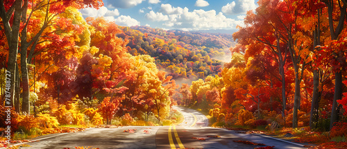 Winding Autumn Road Through Vibrant Forest, Scenic Drive with Colorful Foliage, Peaceful Journey Through Nature