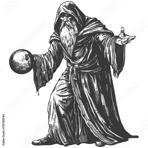 elf mage or necromancer with magical orb images using Old engraving style