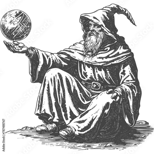 elf mage or necromancer with magical orb images using Old engraving style