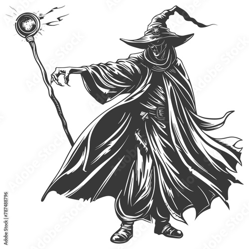 elf mage or necromancer with magical staff images using Old engraving style