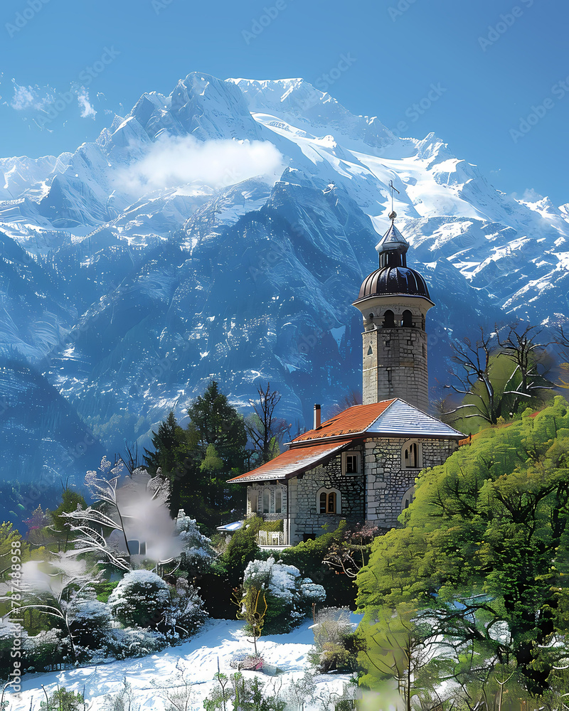 Vibrant Art Painting of a Towered Building amidst Snowy Mountains in Liechtenstein, Europe