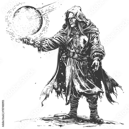 elf mage or necromancer with magical orb images using Old engraving style