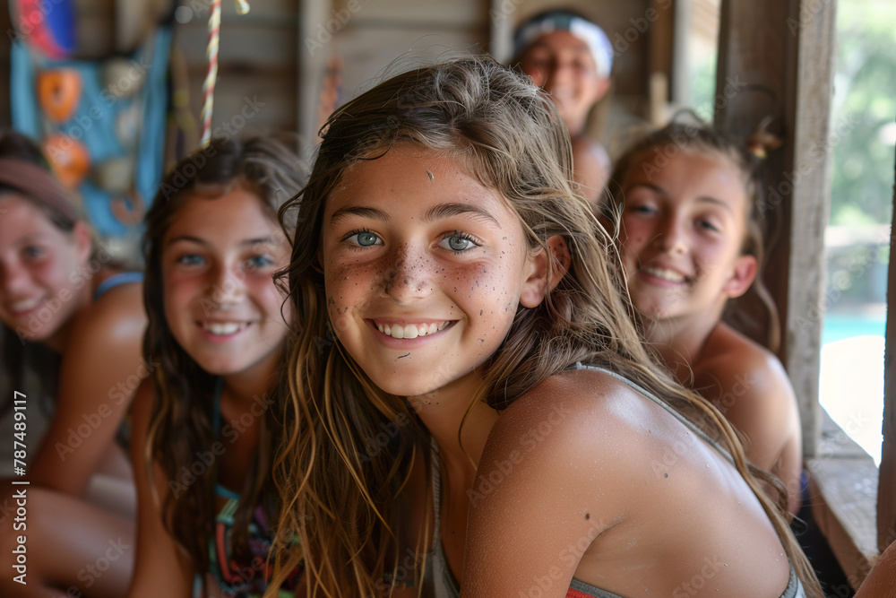 Fototapeta premium youths at school summer camp resting inside the cabin