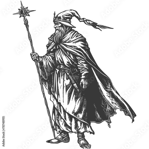 elf mage or necromancer with magical staff images using Old engraving style