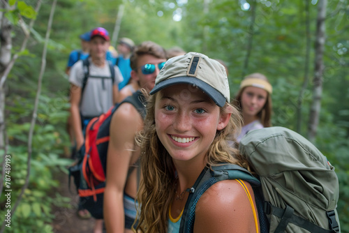 young group of campers hiking looking at the camera with a smile on their faces