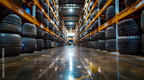 Symmetrical Silence: Tire Symmetry in Warehouse. Concept Warehouse, Tire Symmetry, Symmetrical Photoshoot, Industrial Setting photo