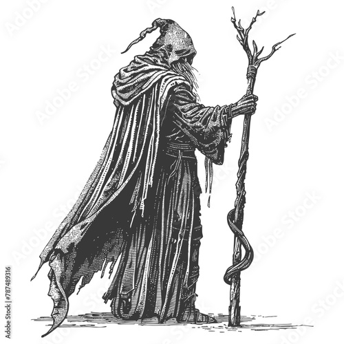 elf mage or necromancer with magical staff images using Old engraving style