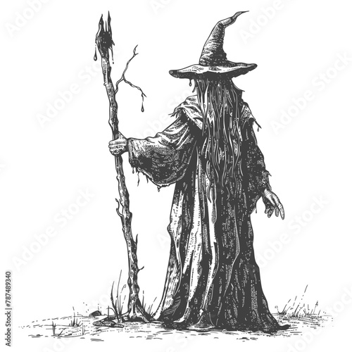 elf mage or necromancer with magical staff images using Old engraving style