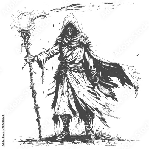 elf mage or necromancer with magical staff images using Old engraving style