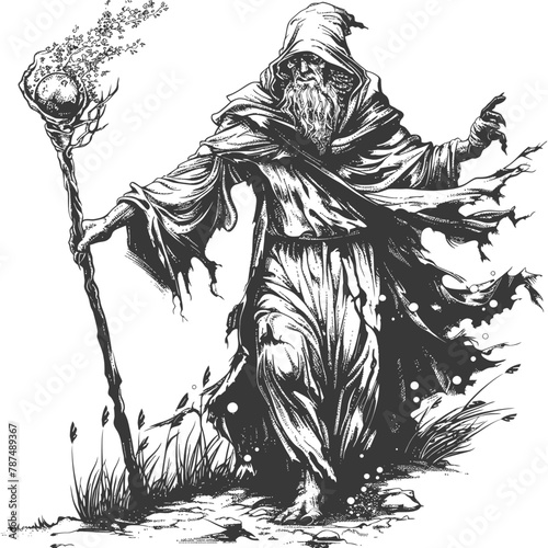 elf mage or necromancer with magical staff images using Old engraving style