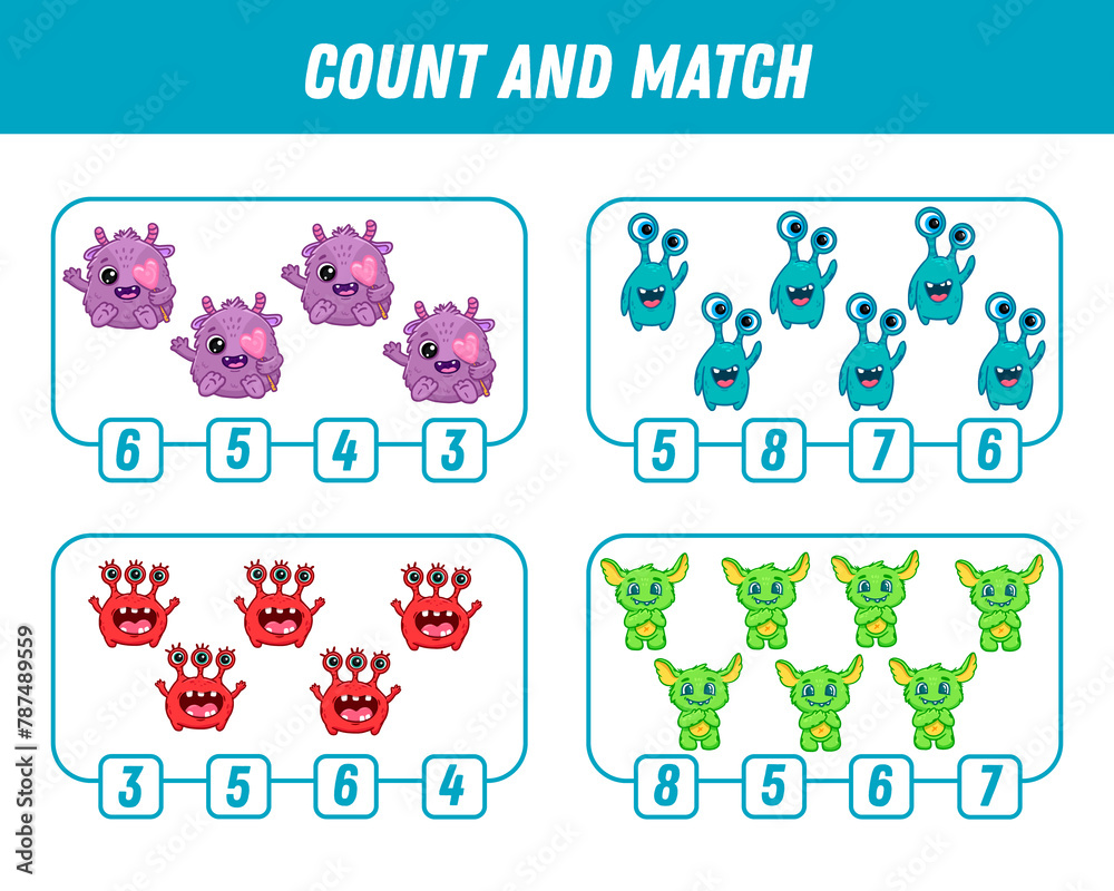 Education game for children count and match of cute cartoon monsters, printable worksheet. 