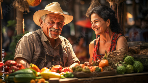 Old latin couple on a market selling vegetables  medium shot