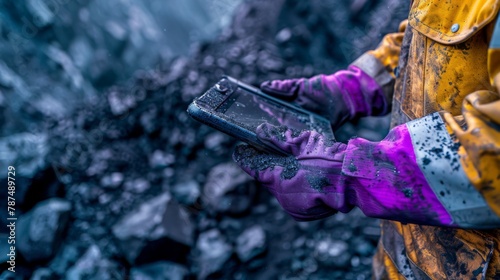 Coal miner using rugged smartphone at mining site for innovation and safety photo