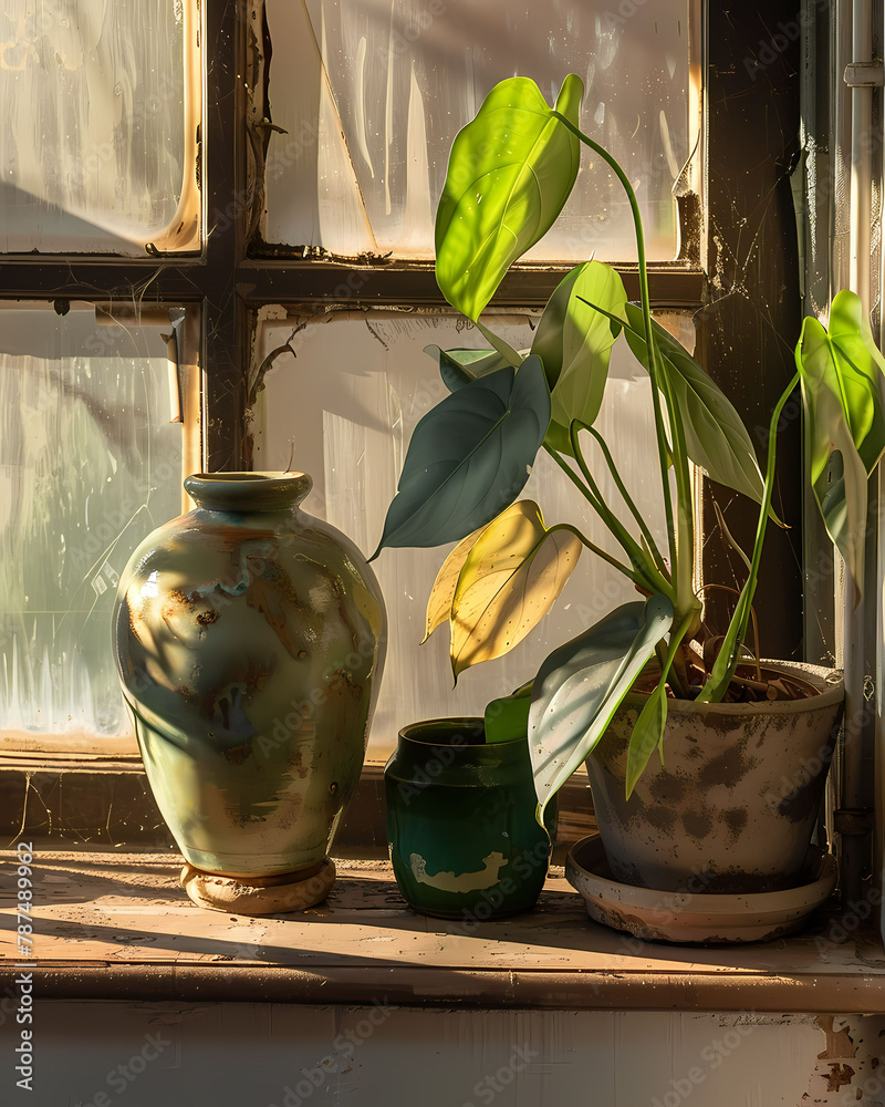 Obraz premium Vibrant Urban Still Life: Painted Potted Plant and Vase on Windowsill with Focus on Artistic Expression
