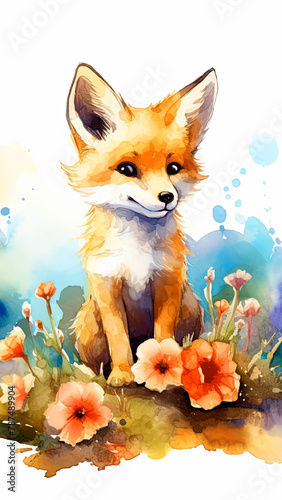 Cute watercolor baby fox animal with flowers isolated background. Nursery woodland illustration. Bohemian boho drawing for nursery poster, pattern