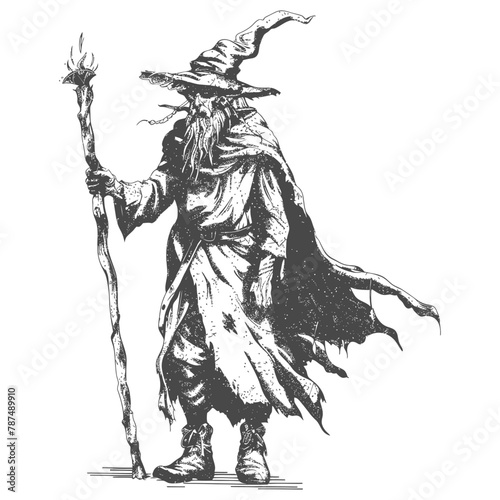 elf mage or necromancer with magical staff images using Old engraving style