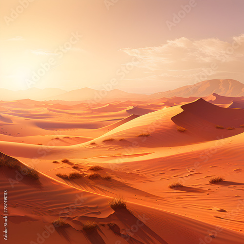 Illustration of mysterious dune desert landscape background at sunset