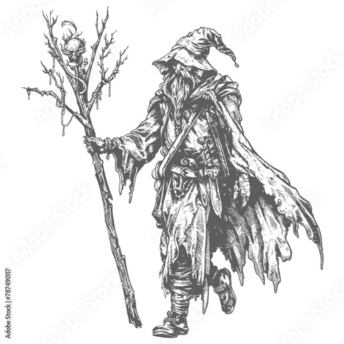 elf mage or necromancer with magical staff images using Old engraving style