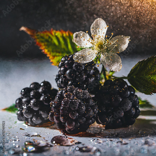 Illustration of delicious blackberries decorated with blackberry blossoms and splashes of water, reflecting on the surface. Generative AI photo