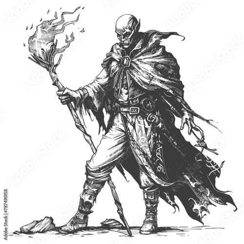 elf mage or necromancer with magical staff images using Old engraving style