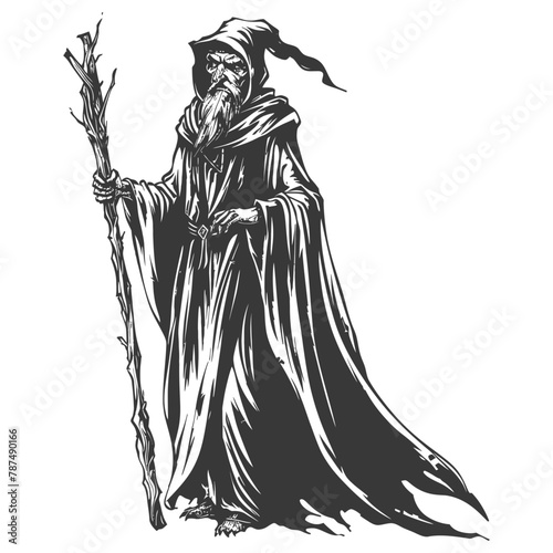 elf mage or necromancer with magical staff images using Old engraving style