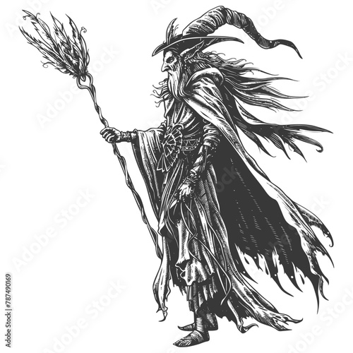 elf mage or necromancer with magical staff images using Old engraving style