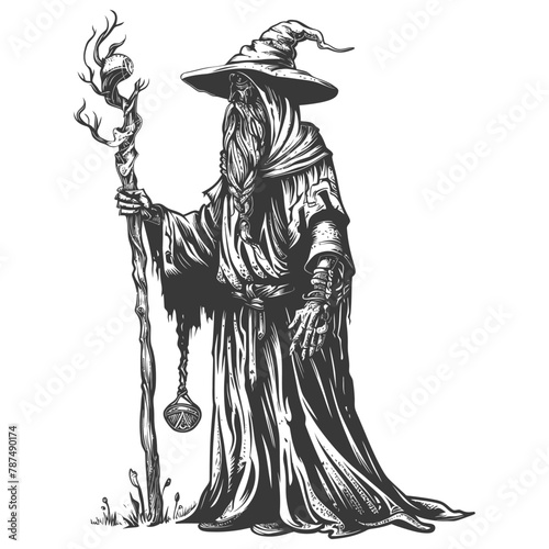 elf mage or necromancer with magical staff images using Old engraving style