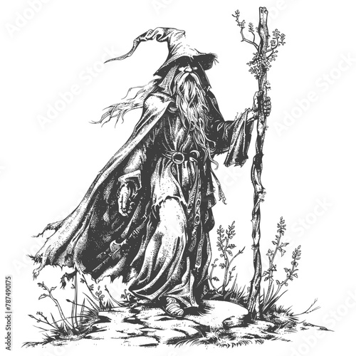 elf mage or necromancer with magical staff images using Old engraving style