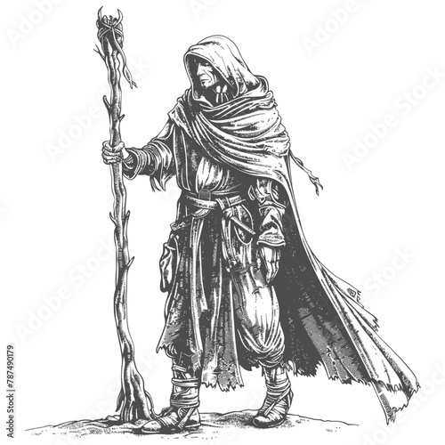 elf mage or necromancer with magical staff images using Old engraving style