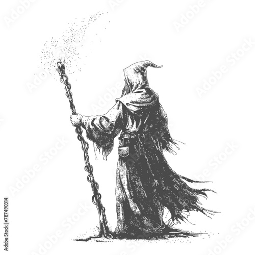 elf mage or necromancer with magical staff images using Old engraving style