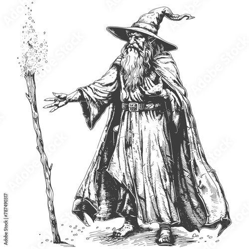 elf mage or necromancer with magical staff images using Old engraving style