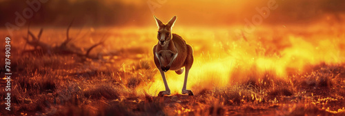 Kangaroo leaps gracefully through a vast field of lush green grass under clear blue sky