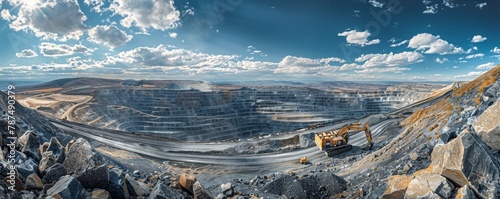 High-angle panoramic view of a large open-cast mine with machinery photo