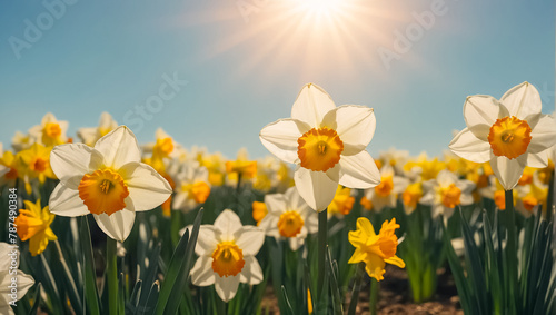 Beautiful narcissus flowers in the field design