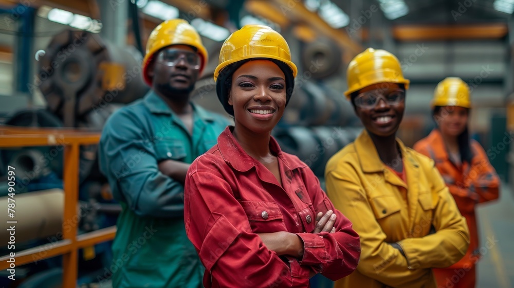 Confident multicultural industrial workers with safety helmets and uniforms Confident multicultural industrial workers with safety helmets and uniforms