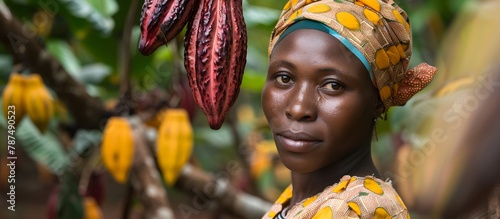 farmer african woman collecting  fresh cocoa beans in the forest, chocolate raw cocoa, Nigeria Gana, Africa photo