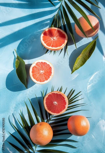 Grapefruits, Oranges, and Palm Leaves on Blue Surface