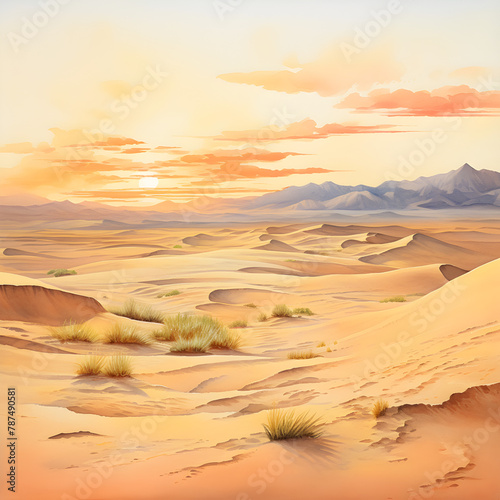 Illustration of dune desert landscape at sunset