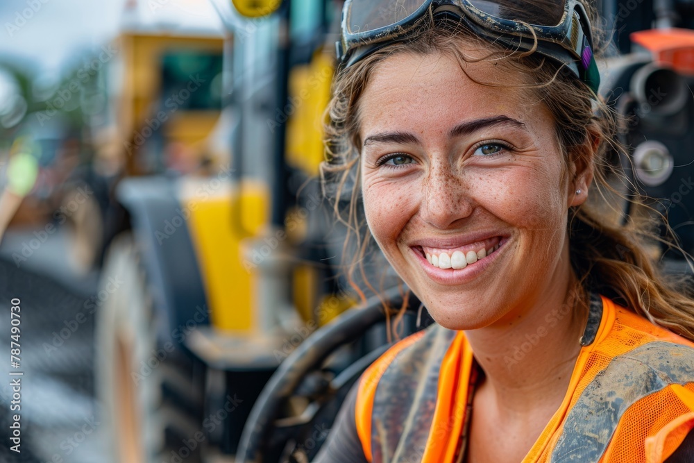 Professional woman in high-visibility safety vest at a construction site Professional woman in high-visibility safety vest at a construction site