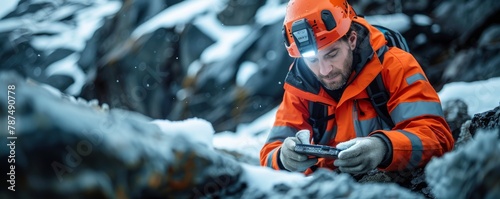 Concentrated technician in high-visibility uniform working with mobile device in snowy terrain