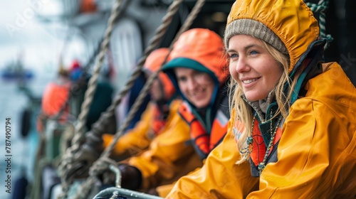Diverse crew of cheerful sailors in safety gear on boat photo